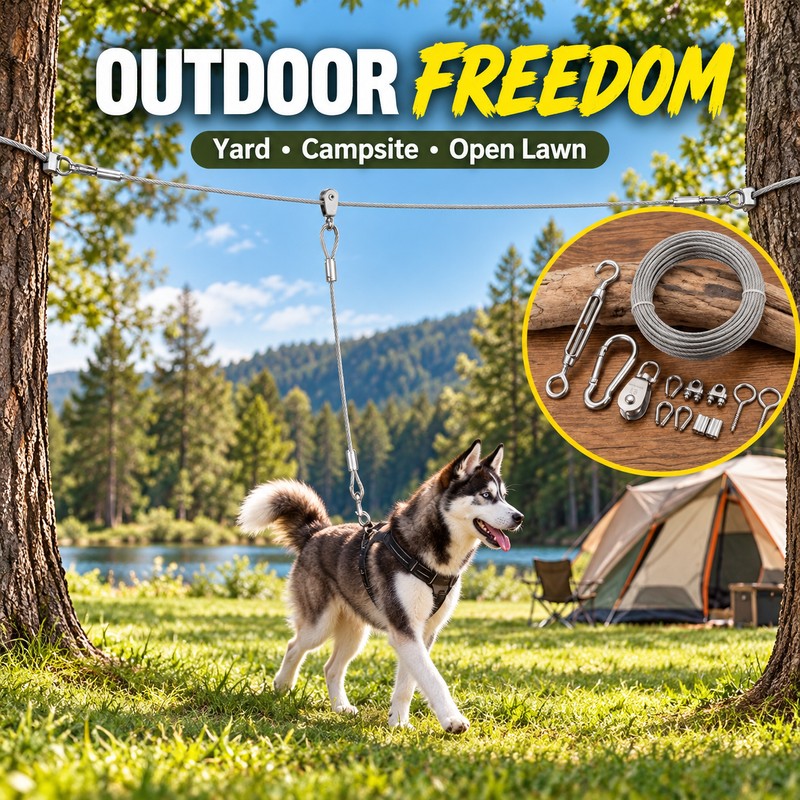 Outdoor Dog Tie Out Trolley Cable System Kit with Pulley,
