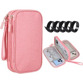 Organizador Portátil para Electrónicos,Bolsa para Accesorios Electrónicos Impermeablede con Doble Capa,estuche para cables viaje para Cables USB,Audífonos,Móviles,Cargadores,Tarjeta SD/TF（Rosa）