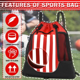KAEGREEL Drawstring Soccer Bag, Foldable Basketball Football Backpack Versatile Sports Bag with Detachable Ball Mesh Bag for Gym Volleyball Baseball Yoga (Red & White Stripes)