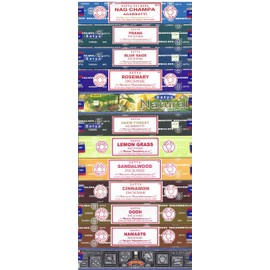 Satya Bangalore (BNG) Incense Set of 12 Nag Champa Namaste Super Hit Neem Forest Prana Oodh Sage Cinnamon Lemongrass Rosemary Natural Sandalwood, VarietyPack05