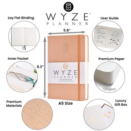 Wyze Planner Undated Daily Planner – 6-Month A5 Productivity Organizer with Full Page Per Day, Hourly Schedule, Goal Setting, Habit Tracker, Weekly & Monthly Pages – Hardcover Time Management Notebook (Rose Gold)