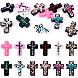 Boutigem 12Pcs Cross Silicone Beads Jesus Faith Cross Silicone Focal Beads Colorful Leopard Printed Rubber Religious Crucifix Loose Spacer Beads for Beadable Pens Bracelets Keychain Jewelry Making