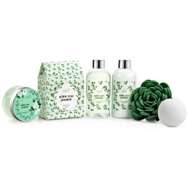 Freida and Joe Deluxe White Rose Jasmine Spa Basket - 7pc Home Spa Set with Shower Gel, Body
