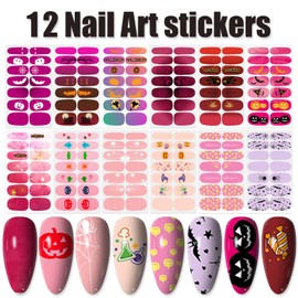 12 Sheets Pink Red Halloween Nail Stickers for Women, Gradient Halloween Nail Polish Stickers Nail Art Strips Spider Ghost Bat Nail Polish Strips Halloween Holiday Nail Gel Wraps