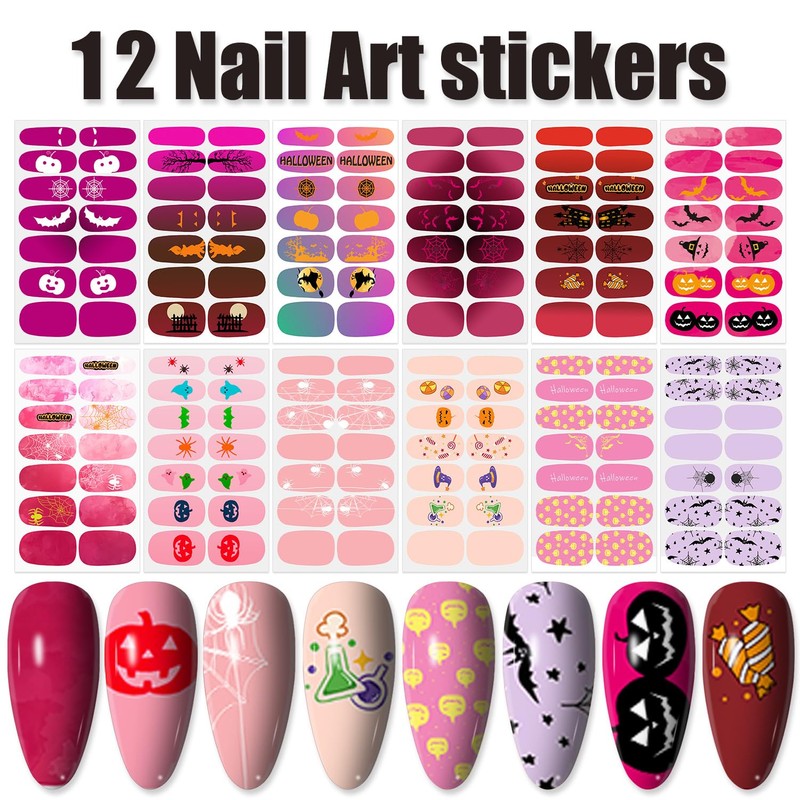12 Sheets Pink Red Halloween Nail Stickers for Women, Gradient