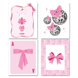 XIHIRCD 4pcs Pink Bow Posters, Trendy Pink Bow Wall Arts Coquette Room Decor Poster Picture Aesthetic Room Prints Decor Girls Teens Perfect Canvas Decorations Artwork for Home Bedroom Dorm(Style 2)