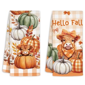 zukmvuh Fall Highland Cow Kitchen Towels Set of 2, Highland Cow Gifts, Pumpkin Hyland Cows Hand Towels Decor for Farmhouse Kitchen Bathroom Home 26x17 inch