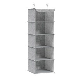 SONGMICS RCH005W01 Hanging Shelf, Wardrobe Organiser, Hanging Storage Clothes, Space Saving and Foldable, Metal Hooks, Bamboo Inserts, Linen-Like Texture, Light Grey