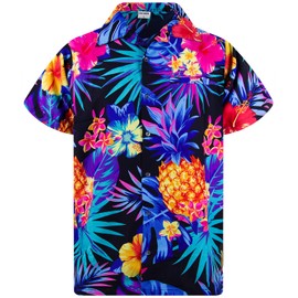 KING KAMEHA Men's Pineapple-Desings Summer-Party-Shirts Short-Sleeve, Pineapple, Black-Blue, XXL