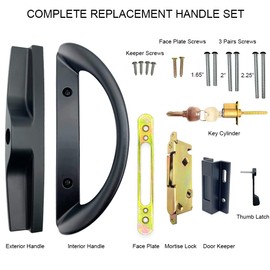 ALLYWASAI Patio Sliding Door Handle Set with Mortise Lock, Key Cylinder and Keeper, Replacement Handle Lock Set Fits Door Thickness from 1-1/2" to 1-3/4", 3-15/16" Screw Hole Spacing, Keyed, Black