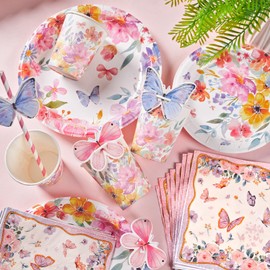 SUNBEAUTY 80 Piece Butterfly Party Tableware Set, Flower Decoration, Birthday, Paper Plates, Children's Birthday Set, Girls for Weddings, Spring Festival, Baby Shower Decoration, 16 Guests
