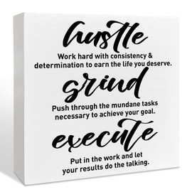 Inspirational Wooden Box Sign, Hustle Grind Execute, Inspirational Home Office Desk Decor, Motivational School Classroom Decoration, Positive Gifts for Women Men Coworkers Student