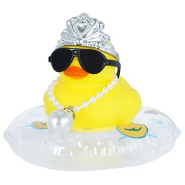 Funny Squeaky Jeeps Duck Ornament Bath Toy with Mini Crown, Necklace, Sunglasses & Swim Ring - Yellow Rubber Duck Decor for Dashboard, Office, Home (Yellow Duck, White Swim Ring)