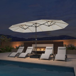 PURPLE LEAF 14ft Patio Market Umbrella with Solar LED and Base Double-Sided Rectangle Outdoor Table Sun Umbrellas with Crank for Pool Beach Deck Backyard Cream