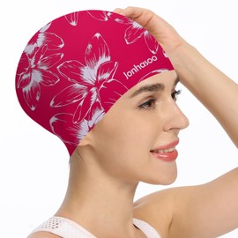 Jonhosoo Silicone Swim Cap for Women, Waterproof Long Hair Swimming Caps with Flower Printed (Red)