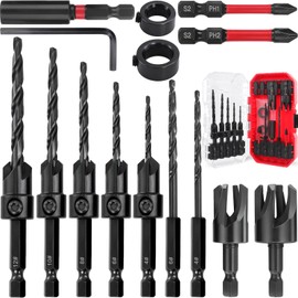 Doaho 15 Pcs Countersink Drill Bit Set,Tapered Counter Sink Bits with 1/4" Hex Shank,Quick Change Wood Plug Cutter for Woodworking,Pilot Hole Drilling in Wood & Metal - Storage Case