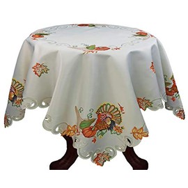 Creative Linens Fall Harvest Thanksgiving Tablecloth, Embroidered Turkey Pumpkin Maple Leaf Sunflower Ivory Holiday Decoration, 52” Square Topper