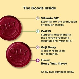 OLLY Extra Strength Daily Energy Gummy,Caffeine Free,1000mcg Vitamin B12,CoQ10,Goji Berry,Adult Chewable Supplement,Berry Yuzu Flavor -,60 Count (Pack