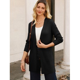 GRACE KARIN Cardigan Sweaters for Women Dressy Casual Open Front Long Sleeve Lightweight Cardigans with Pocket Black L
