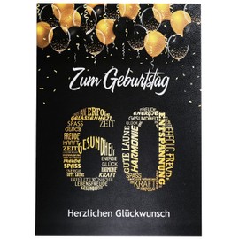 Elegant Greeting Card A5 Birthday Card with Number and Congratulations in German, Black/Gold