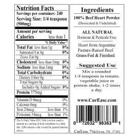 CurEase ORGANIC Argentine Desiccated BEEF HEART POWDER UNDEFATTED ~ 4.2 oz  240 Servings