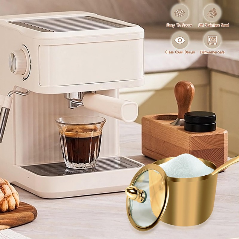 10.5oz Gold Stainless Steel Sugar Bowl with Lid and Spoon,