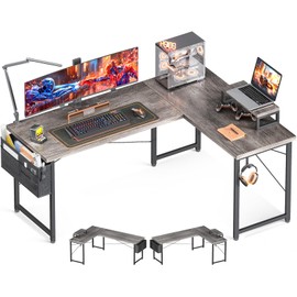 Casaottima L Shaped Computer Desk with Storage Bag, 57.5 Inch Reversible Gaming Desk, Home Office Corner Desk with Monitor Shelf, Space-Saving Writing Workstation Desk, Easy to Assemble, Grey Oak
