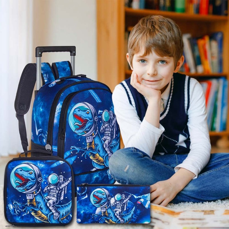 UFNDC 3PCS Rolling Backpack for Boys, Kids Dinosaur Wheeled Bookbag，Travel