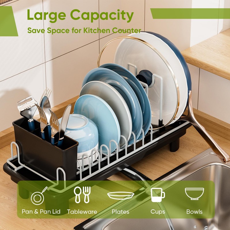 VUSIGN Dish Drying Rack with Drainboard, Dish Drainer Extendable Spout