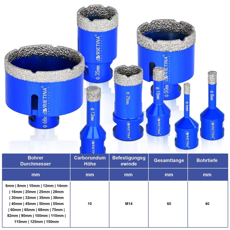 5 x Diamond Tile Drill Bits HV 10000+ Hardness, 6|6|8|10|20
