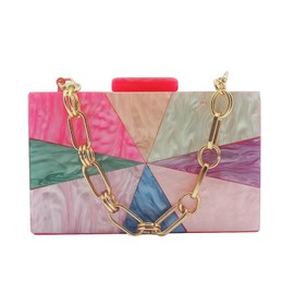 Anopo Women's Acrylic Clutch Purse Colourful Geometric Marbling Evening Bag Handbag Box Bag with Removable Chain, G Pink