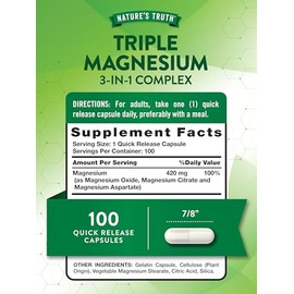 Nature's Truth Complejo de Triple Magnesio 100 Cápsulas Óxido Citrato y Aspartato de Magnesio Sin OMG Sin Gluten