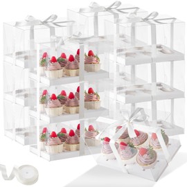 JCD 5.5inches height 8 Pack Clear Cupcake Boxes 6 Count Cupcake Containers with Gift Ribbon, Rectangle Cupcake Holder for Treats, Dessert Boxes, Muffins (6count/8pcs)