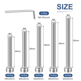 DTGN 50Pcs M4 Metric Screw Assortment, M4 Bolts Socket Head Screws, 304 Stainless Steel M4x30/35/40/45/50mm Hex Socket Head Cap Screws Bolt Set With Wrench for 3D Printing DIY