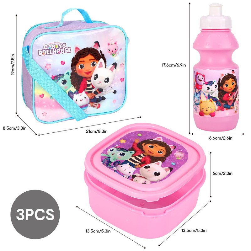 Gabbys Dollhouse Insulated 3 Piece Lunch Bag, Sandwich Box &