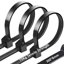 Cable Ties Black 300 mm x 8 mm, Cable Ties UV Resistant Ultra Strong with 75 kg Tensile Strength, Pack of 100 Black Cable Ties Self-Locking for Cable Management, Gardening, Living, Workshops