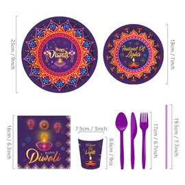 CC HOME Indian Diwali Party Supplies Serves 16, Deepavali Party Plates Napkins Cups Party Decoration for Happy Diwali Hindu Fiesta Adults Kids Birthday Baby Shower Wedding Garden Party Tableware