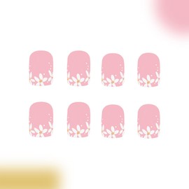 White Flower Press on Nails Spring Summer Pink Fake Nails with Gold Glitter Design Short Square False Nails Full Cover Glossy Acrylic Nails Stick on Nails for Women Spring Summer Manicure 24Pcs