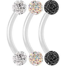3pc 16g 1.2mm Flexible Acrylic Curved J-Curve Barbell Cartilage Bar Tragus Eyebrow Earrings Auricle Crystal CZ Gem 8mm