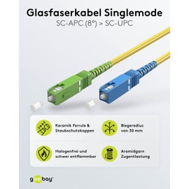 goobay 59662 Fibre Optic Cable (FTTH) / Singlemode (OS2) Simplex / SC APC (8°) Male to SC-UPC (8°) Male/Light Wave Cable / 10 m