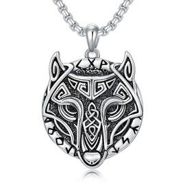 Cargari Viking Wolf Necklace for Men Women 925 Sterling Silver Fenrir Runes Pendant Witcher Medallion Necklace Norse Wolf Head Pendant Necklace Viking Jewelry Christmas Xmas Gift