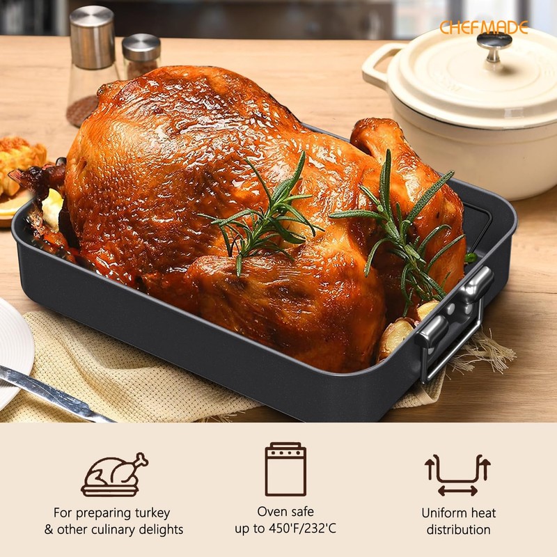CHEFMADE Turkey Roasting Pan with V Rack, 16 Inch Deep