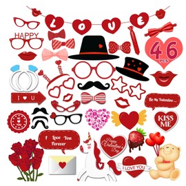Leesgel 42 Pieces Valentine's Day Photo Booth Props, Valentines Wedding Photo Booth Prop with Sticks and Banner, Red Heart Party Decorations Supplies Accessories