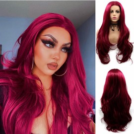 SereneWig Ladies Dark Red Synthetic Lace Front Wigs for Women Cosplay Party Replacement Mermaid Red Real Natural Red Color Long Wavy Synthetic Hair Drag Queen Wigs 24"