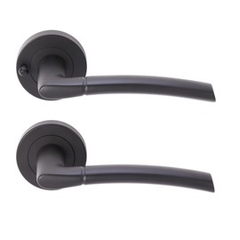 HANDLEZONE® Nemo Privacy Lever On Round Rose Door Handles, with Privacy Latch, for Bathroom, Toilet, WC Doors, 1 Set - Black Matt