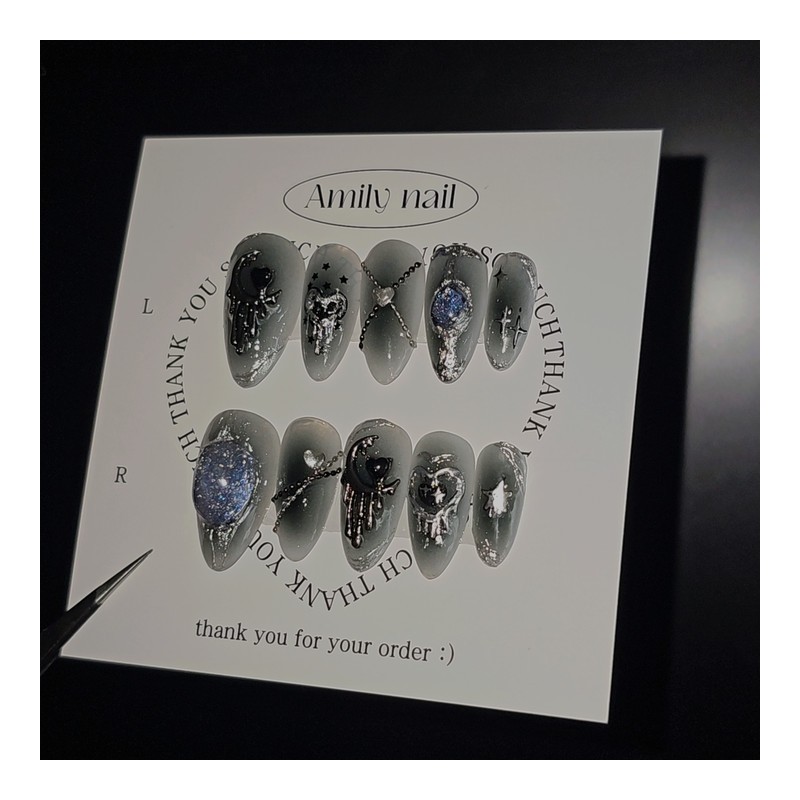 Melting Black Moon [Handmade Nail Tips] Emily Nail - Coffin