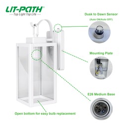 LIT-PaTH Dusk to Dawn Outdoor Wall Lantern, Wall Sconce as Porch Lighting Fixture, E26 Medium Base Max 60W, Anti-Rust Metal with Glass Shade, White, 2-Pack