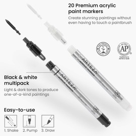 Arteza Acrylic Paint Markers, Set of 20 (10 White, 10 Black), Acrylic Paint Pens with Plastic Nib, Art Supplies for Metal, Canvas, Rock, Ceramic, Glass, Wood, and Fabric