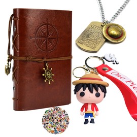 One P. Vintage PU Leather Nautical Notebook Straw Hat Pirate Skull Necklace Anime Luffy Key Chain Zoro Sanji Stickers 13 pcs