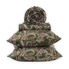 Puralens Cotton Percale Green Paisley Boho Bed Sheets Queen 4Pcs Set, Luxury Vintage Extra Deep Pocket Fitted Sheet Sets, Aesthetic Soft Breathable Bedsheets, Shabby Chic Bedding